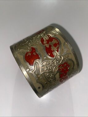 Wide Metal Cuff Bracelet with Red Enamel Accents